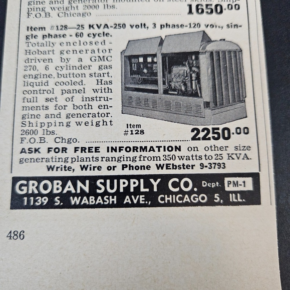 1952 Groban Supply Co War Surplus Electric Plants Generators Vintage Print Ad